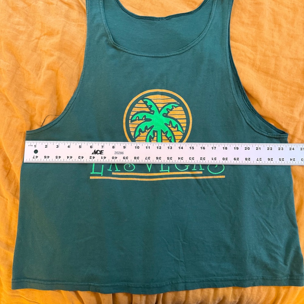 Vintage Las Vegas Palm Tree Graphic Tank Top Forest Green Mens XL Boxy Fit - Picture 6 of 6